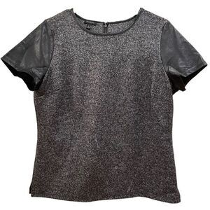 Talbots Blouse Womens M Wool Top Static Gray Black Faux Leather Sleeves Collar
